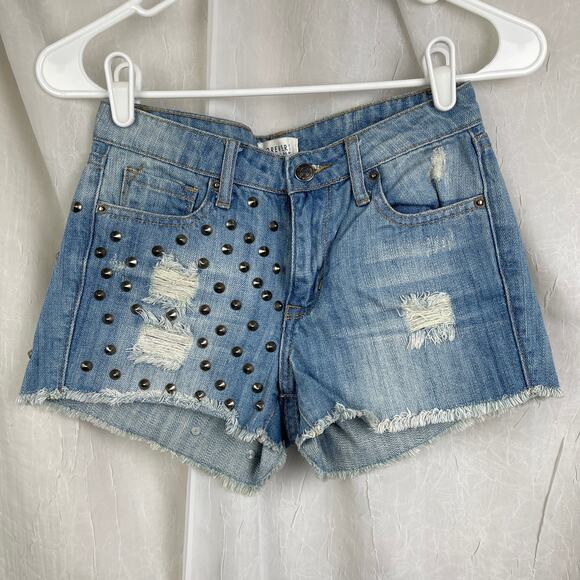 🌞 Ripped Distressed Denim Shorts Silver Studded Frayed Hem Forever 21 Size 24 - Picture 1 of 16